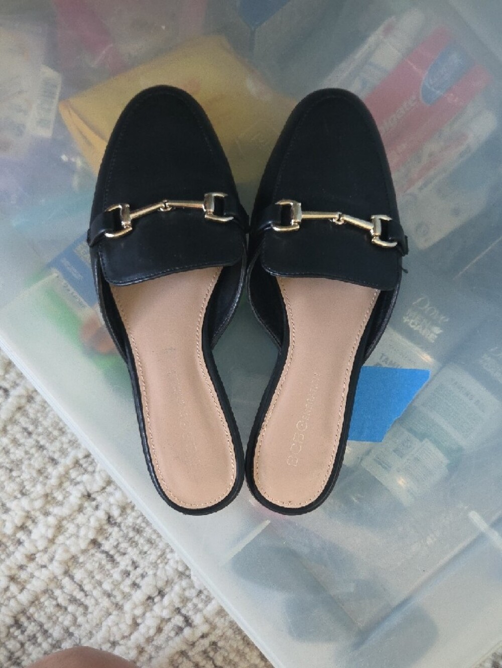 BCBGeneration Black Leather Slip-On Mules with Gold Hardware - Picture 6 of 7